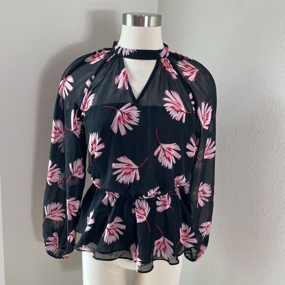 NEW Express Womens Small Floral Chiffon Blouse Long Sleeve Peplum Shirt Top - Picture 1 of 8